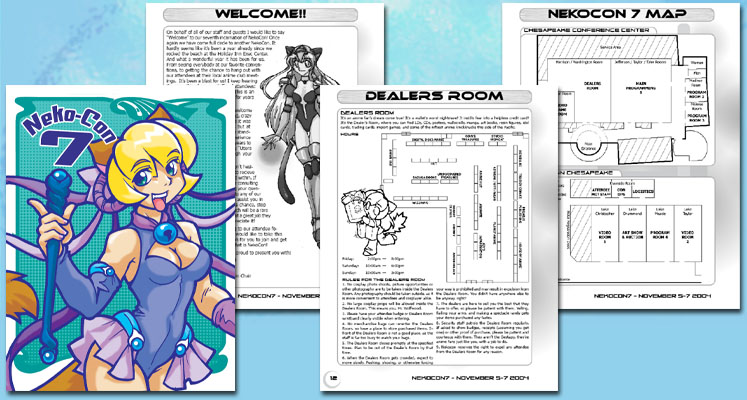 Pages from the Nekocon 7 program guide: Front cover by Dizziness, Welcome page, Dealers Room map page, and convention map page