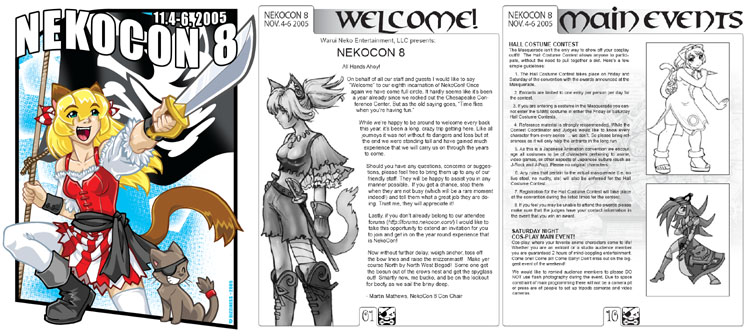 Pages from the Nekocon 8 program guide: Front cover by Dizziness, Welcome page, Main Events page