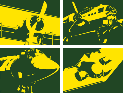 High key art of four planes: WW1 biplane, WW2 propeller plane, AV-8B attack fighter, B-2 bomber