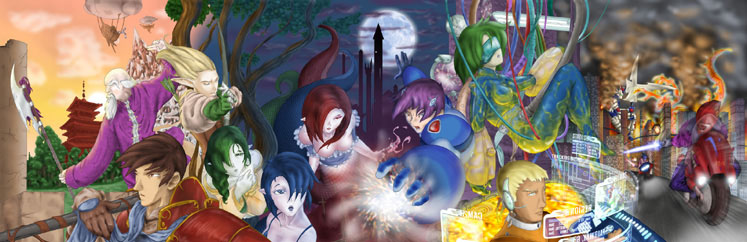 Narrator’s Screen for RandomAnime, depicting a variety of anime tropes in one long 27x12" artwork